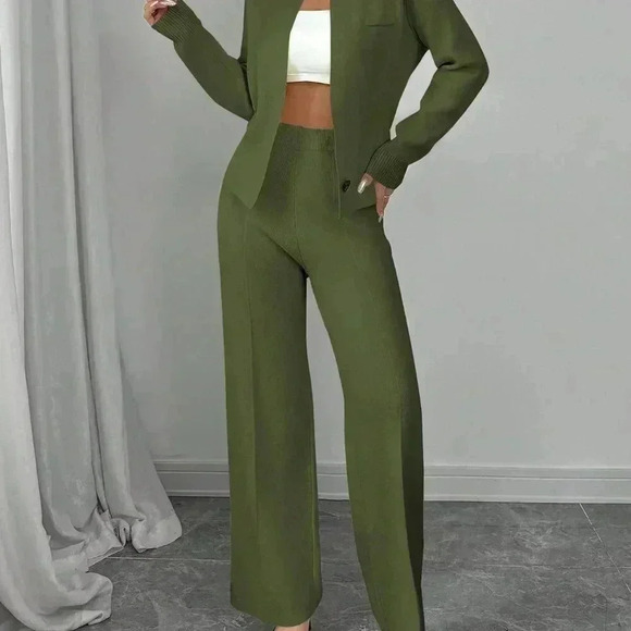Green Elegant Women's Loose Long Sleeve Crew Neck  Knit Sweater & Suit Pants Set - Picture 5 of 8